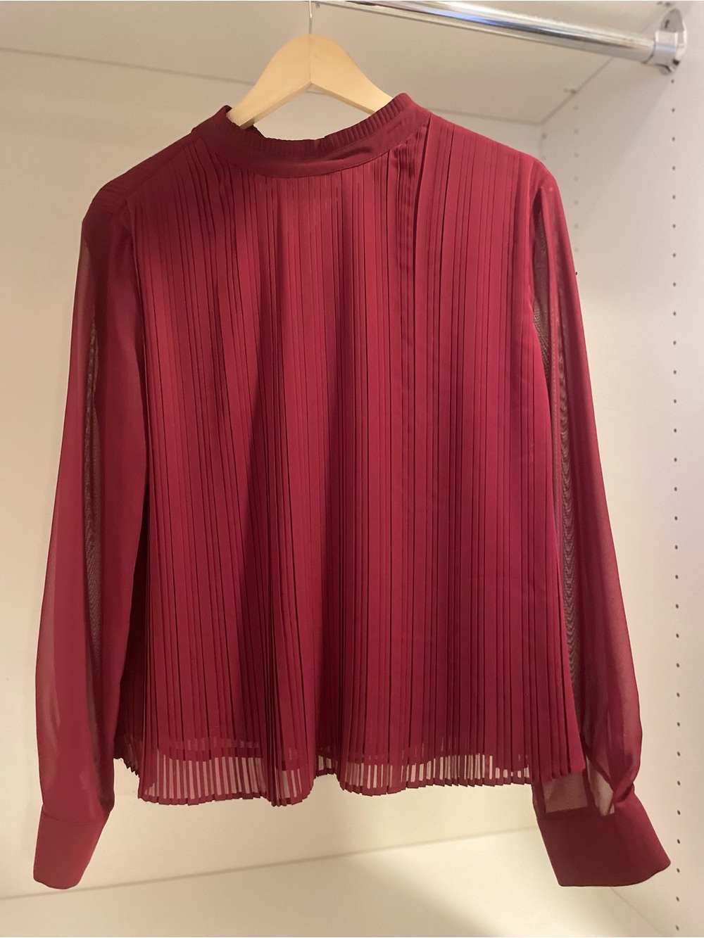 Pleated Chiffon Long-Sleeve Blouse - Wine